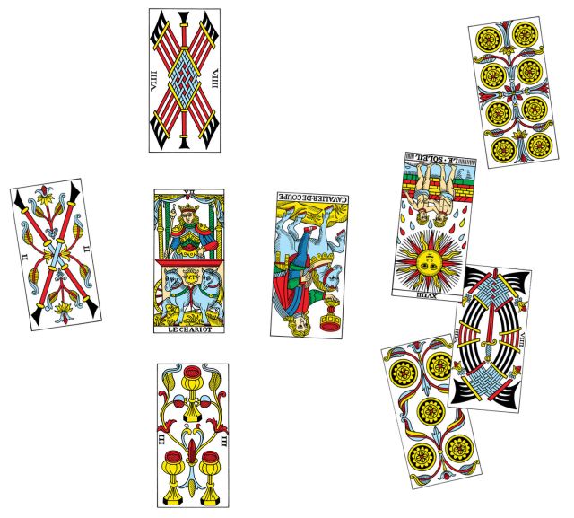 Tarot spread reenactment. Card images credit: CBD Tarot de Marseille by Dr. Yoav Ben-Dov, www.cbdtarot.com