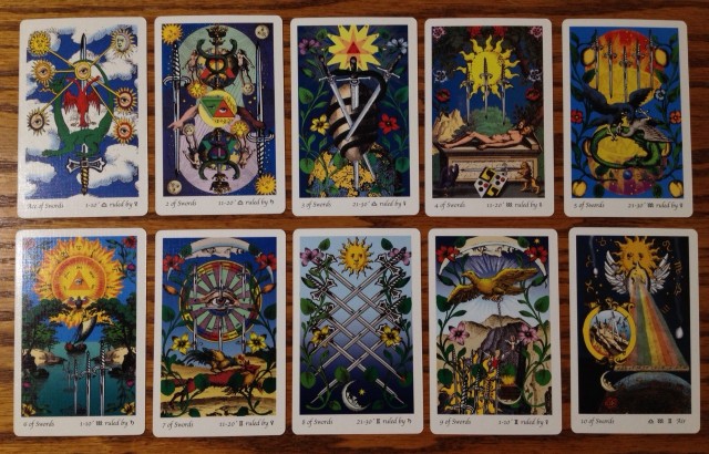 Tarot of the Holy Light, Suit of Swords, Ace to Ten. Click on image to enlarge.