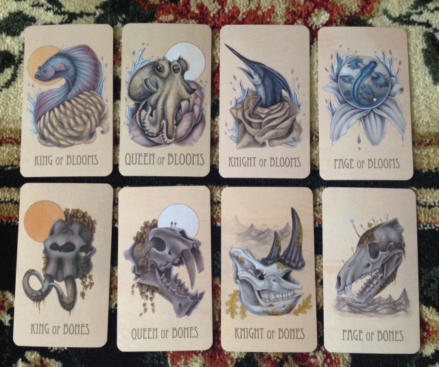 Wooden Tarot Courts: Blooms (Cups) and Bones (Pentacles)
