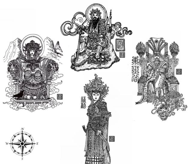 The Four Directional Deities: Grand Duke (East); Zhurong (South); Queen Mother (West); Bei Di (North). Read more about them in Appendix B and refer to the index.